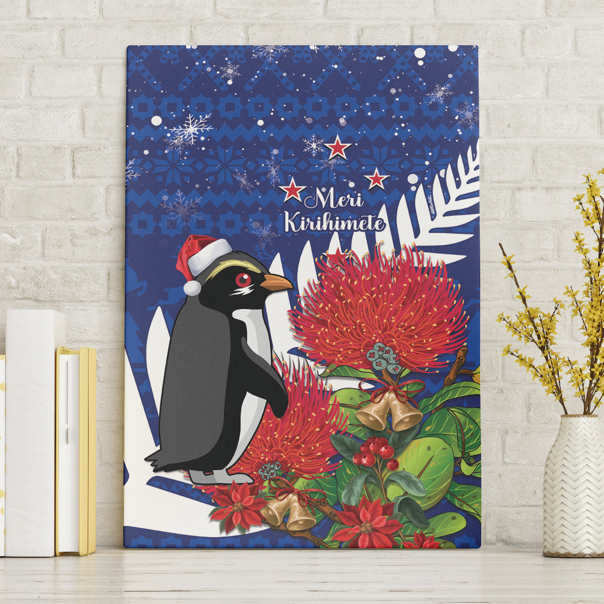 New Zealand Christmas In July Canvas Wall Art Fiordland Penguin With Pohutukawa Flower LT14 Without Frame Blue - Polynesian Pride