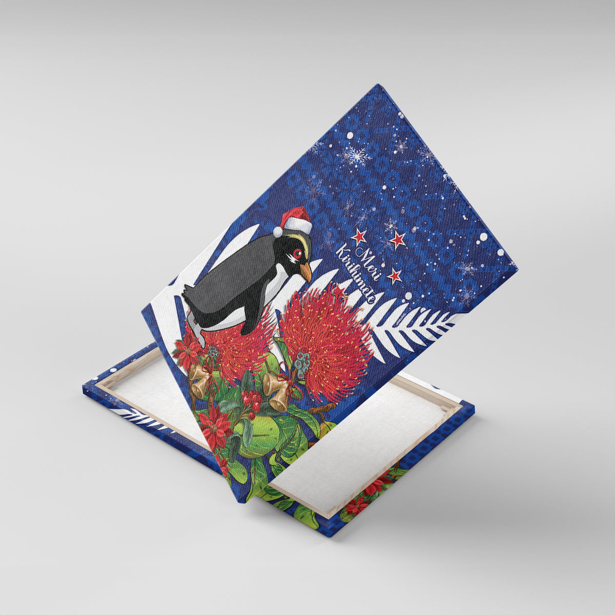 New Zealand Christmas In July Canvas Wall Art Fiordland Penguin With Pohutukawa Flower LT14 With Frame Blue - Polynesian Pride