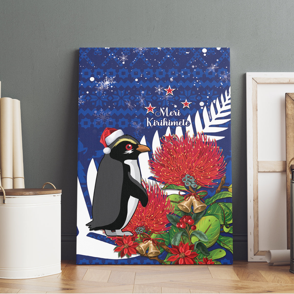 New Zealand Christmas In July Canvas Wall Art Fiordland Penguin With Pohutukawa Flower LT14 - Polynesian Pride