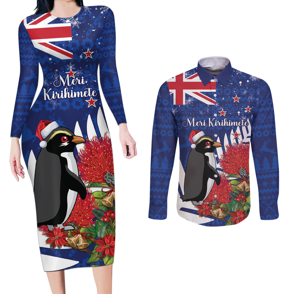 New Zealand Christmas In July Couples Matching Long Sleeve Bodycon Dress and Long Sleeve Button Shirt Fiordland Penguin With Pohutukawa Flower LT14 Blue - Polynesian Pride