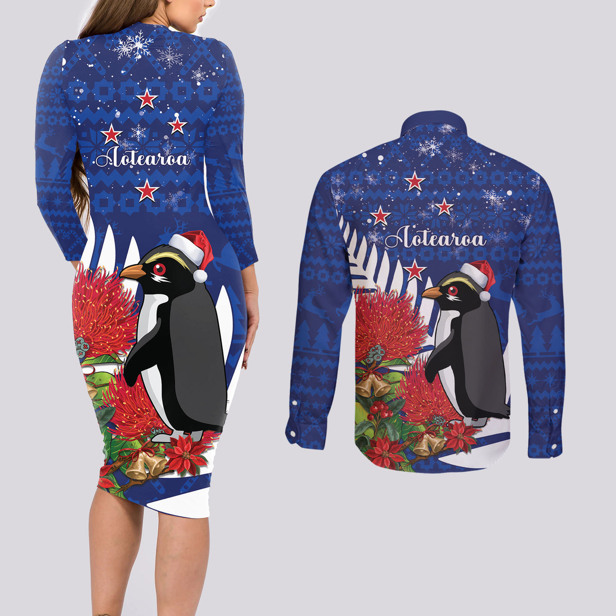 New Zealand Christmas In July Couples Matching Long Sleeve Bodycon Dress and Long Sleeve Button Shirt Fiordland Penguin With Pohutukawa Flower LT14 - Polynesian Pride
