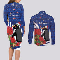 New Zealand Christmas In July Couples Matching Long Sleeve Bodycon Dress and Long Sleeve Button Shirt Fiordland Penguin With Pohutukawa Flower LT14 - Polynesian Pride