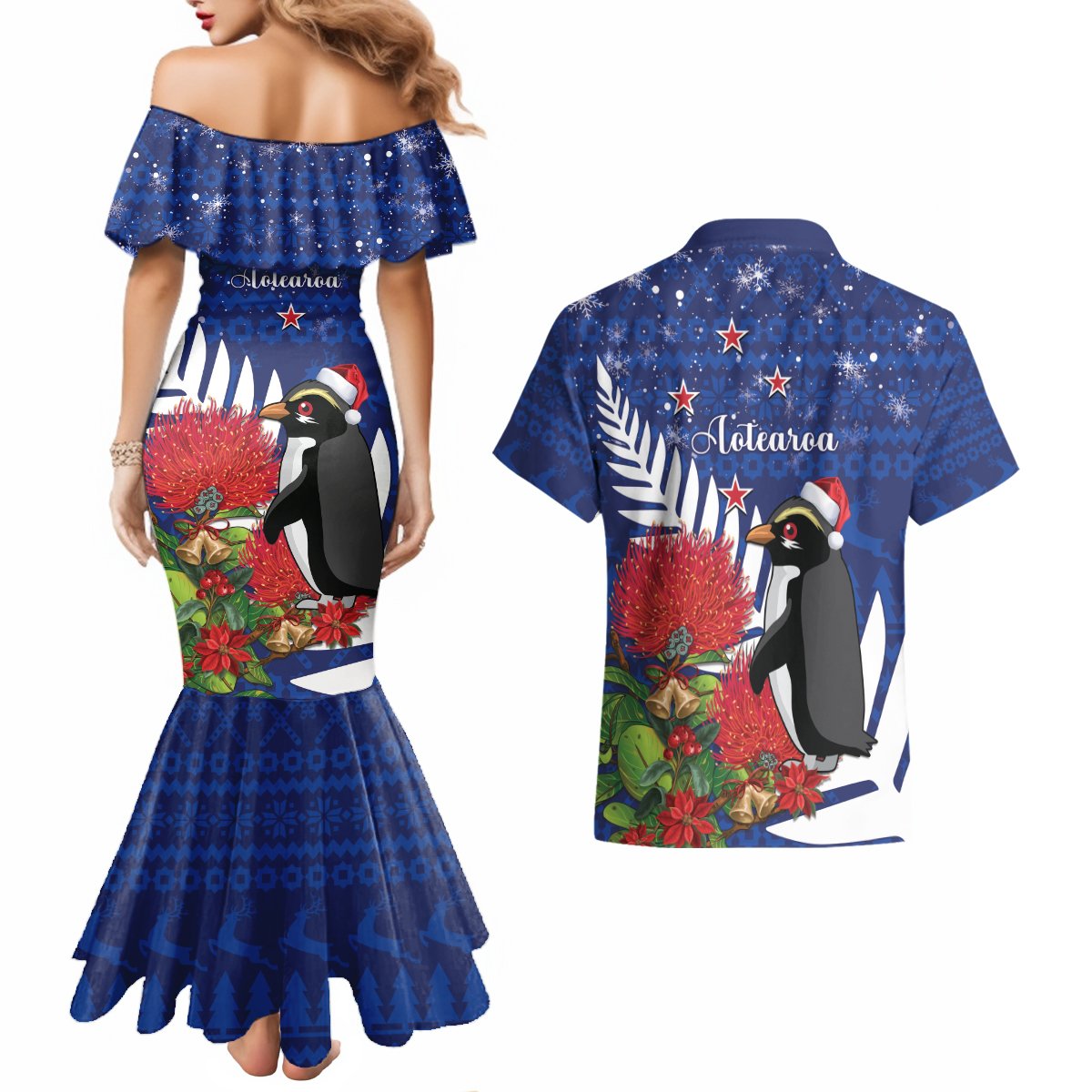 New Zealand Christmas In July Couples Matching Mermaid Dress and Hawaiian Shirt Fiordland Penguin With Pohutukawa Flower LT14 - Polynesian Pride
