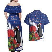 New Zealand Christmas In July Couples Matching Off Shoulder Maxi Dress and Hawaiian Shirt Fiordland Penguin With Pohutukawa Flower LT14 - Polynesian Pride