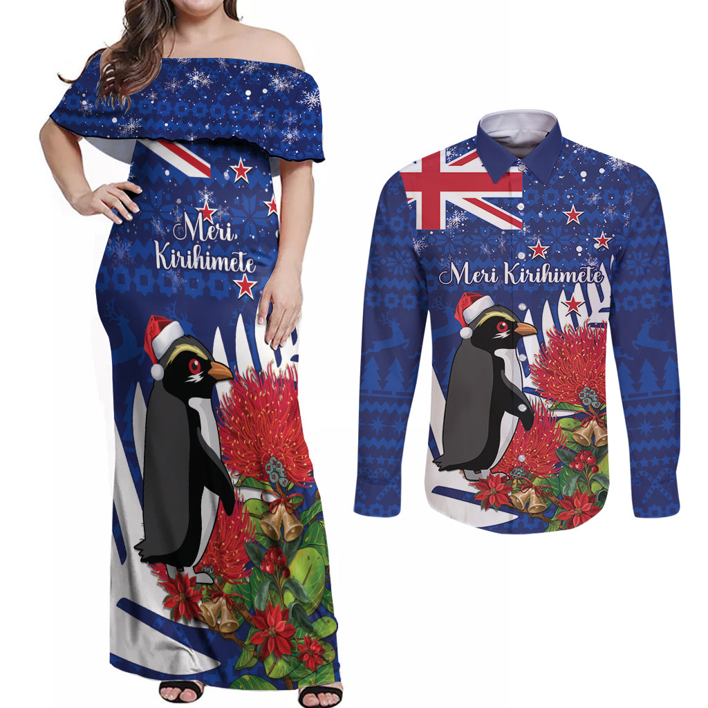 New Zealand Christmas In July Couples Matching Off Shoulder Maxi Dress and Long Sleeve Button Shirt Fiordland Penguin With Pohutukawa Flower LT14 Blue - Polynesian Pride