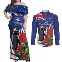 New Zealand Christmas In July Couples Matching Off Shoulder Maxi Dress and Long Sleeve Button Shirt Fiordland Penguin With Pohutukawa Flower LT14 Blue - Polynesian Pride