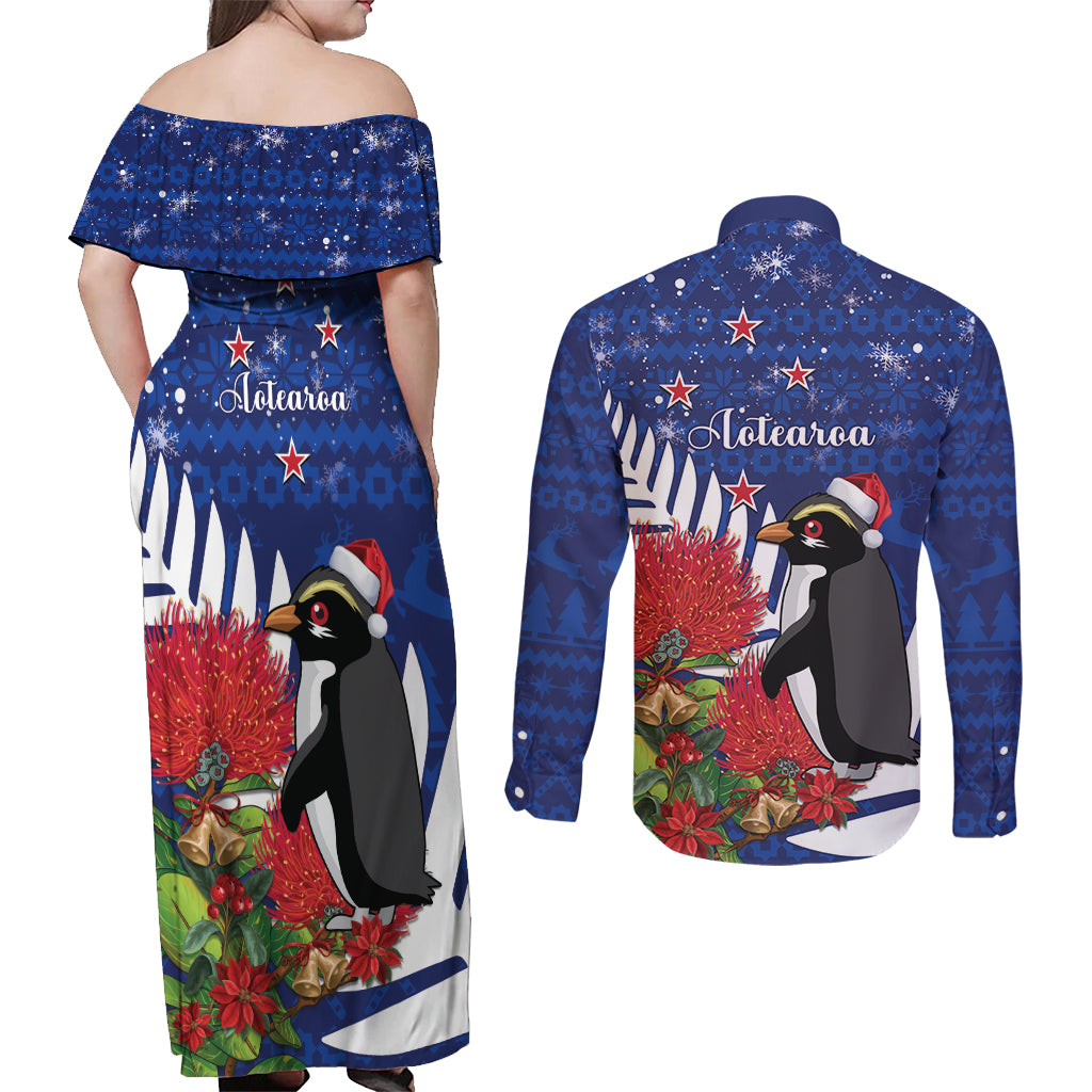 New Zealand Christmas In July Couples Matching Off Shoulder Maxi Dress and Long Sleeve Button Shirt Fiordland Penguin With Pohutukawa Flower LT14 - Polynesian Pride