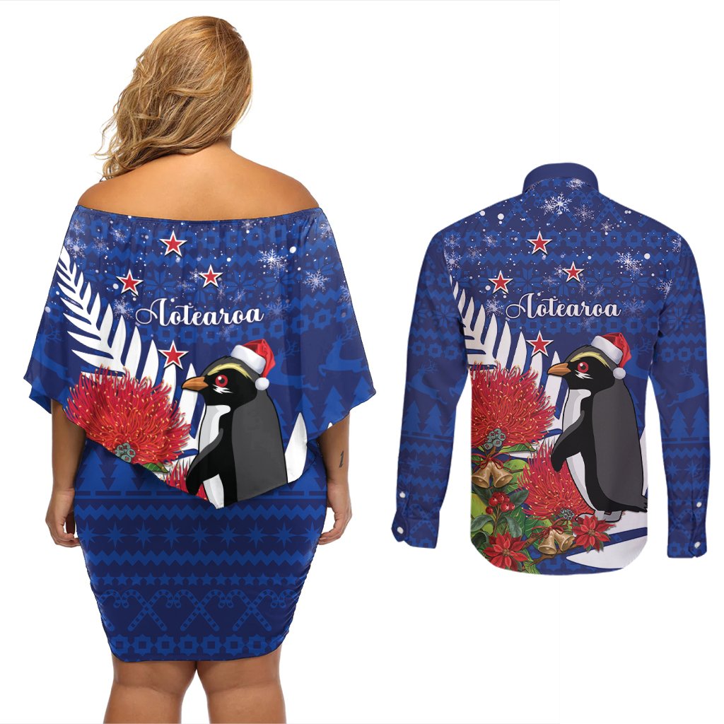New Zealand Christmas In July Couples Matching Off Shoulder Short Dress and Long Sleeve Button Shirt Fiordland Penguin With Pohutukawa Flower LT14 - Polynesian Pride