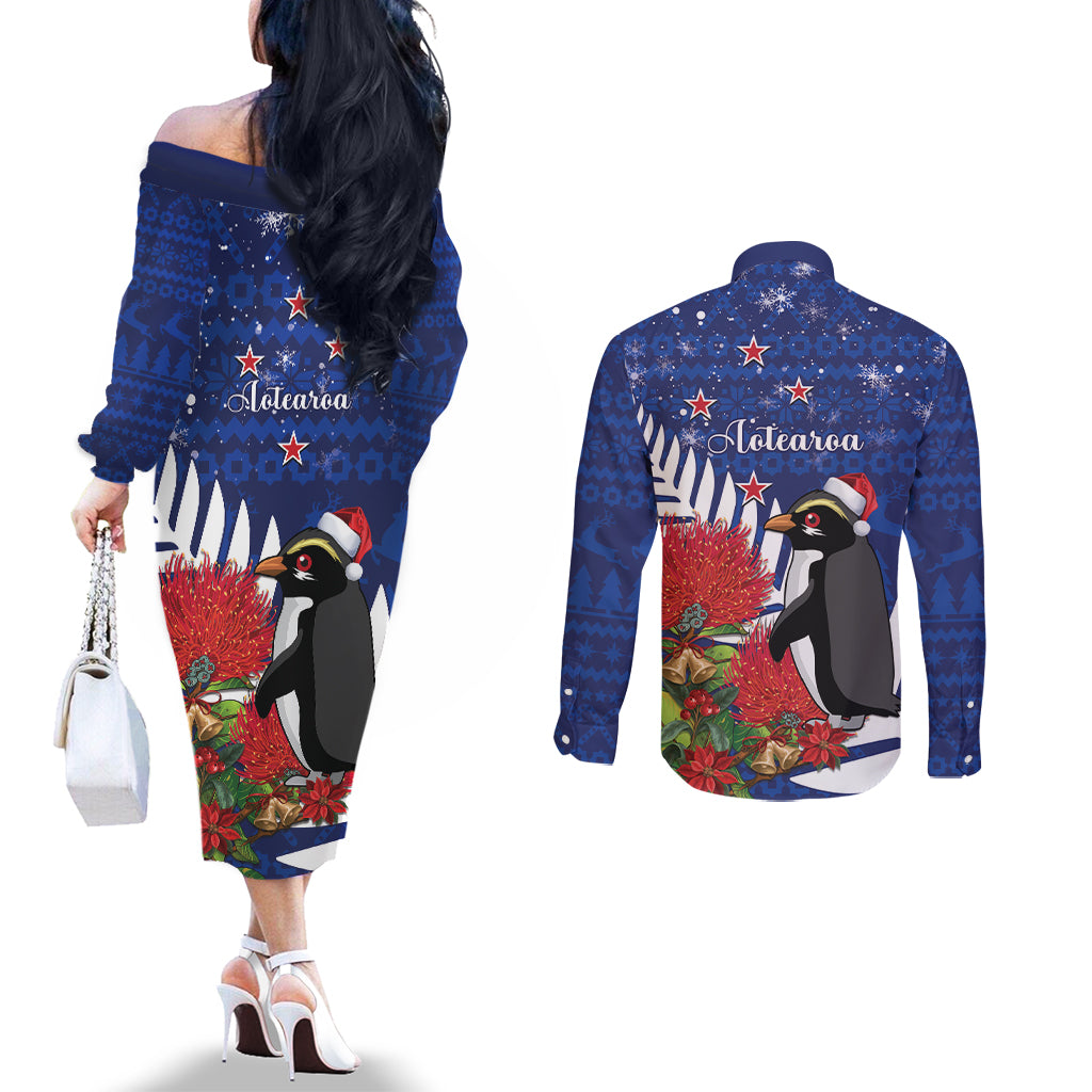 New Zealand Christmas In July Couples Matching Off The Shoulder Long Sleeve Dress and Long Sleeve Button Shirt Fiordland Penguin With Pohutukawa Flower LT14 - Polynesian Pride
