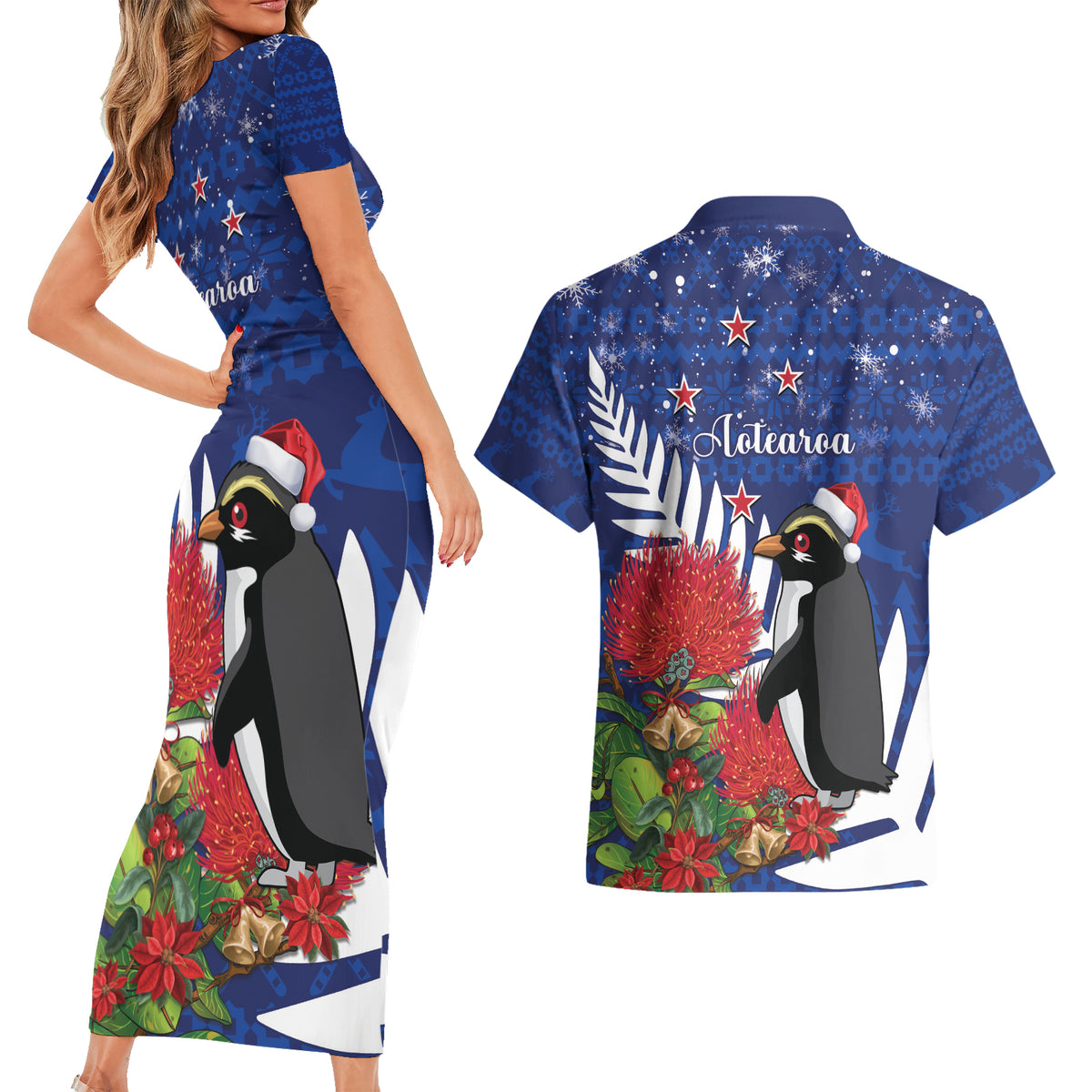 New Zealand Christmas In July Couples Matching Short Sleeve Bodycon Dress and Hawaiian Shirt Fiordland Penguin With Pohutukawa Flower LT14 - Polynesian Pride