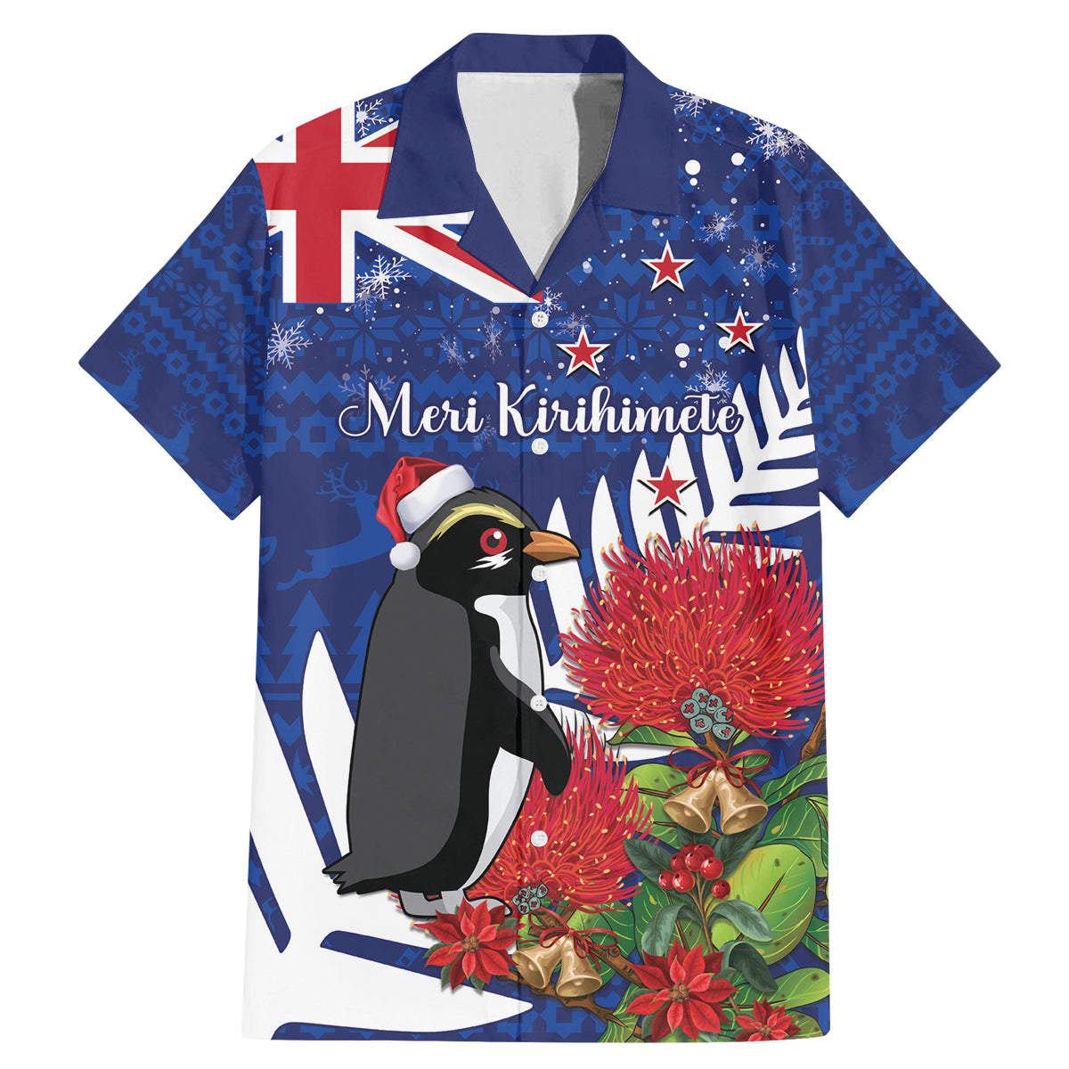 New Zealand Christmas In July Family Matching Mermaid Dress and Hawaiian Shirt Fiordland Penguin With Pohutukawa Flower LT14 Dad's Shirt - Short Sleeve Blue - Polynesian Pride