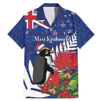 New Zealand Christmas In July Family Matching Mermaid Dress and Hawaiian Shirt Fiordland Penguin With Pohutukawa Flower LT14 Dad's Shirt - Short Sleeve Blue - Polynesian Pride