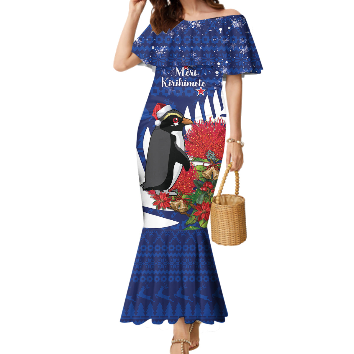 New Zealand Christmas In July Family Matching Mermaid Dress and Hawaiian Shirt Fiordland Penguin With Pohutukawa Flower LT14 Mom's Dress Blue - Polynesian Pride