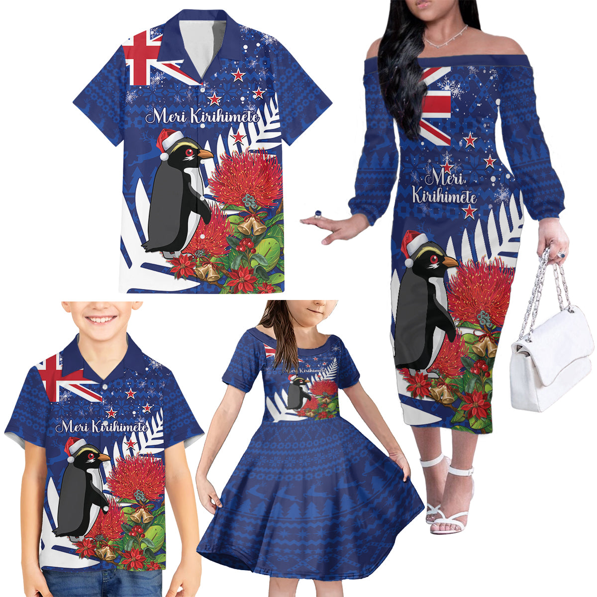 New Zealand Christmas In July Family Matching Off The Shoulder Long Sleeve Dress and Hawaiian Shirt Fiordland Penguin With Pohutukawa Flower LT14 - Polynesian Pride