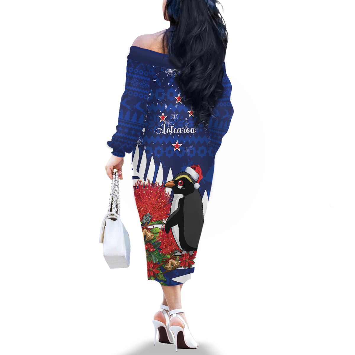 New Zealand Christmas In July Family Matching Off The Shoulder Long Sleeve Dress and Hawaiian Shirt Fiordland Penguin With Pohutukawa Flower LT14 - Polynesian Pride