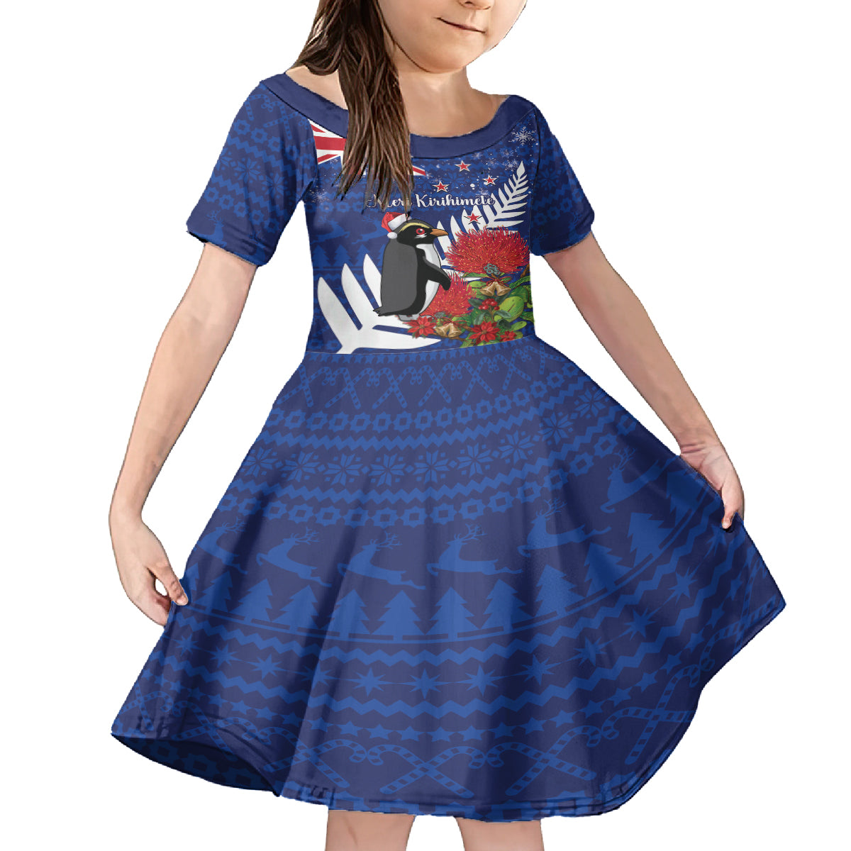 New Zealand Christmas In July Family Matching Puletasi and Hawaiian Shirt Fiordland Penguin With Pohutukawa Flower LT14 Daughter's Dress Blue - Polynesian Pride
