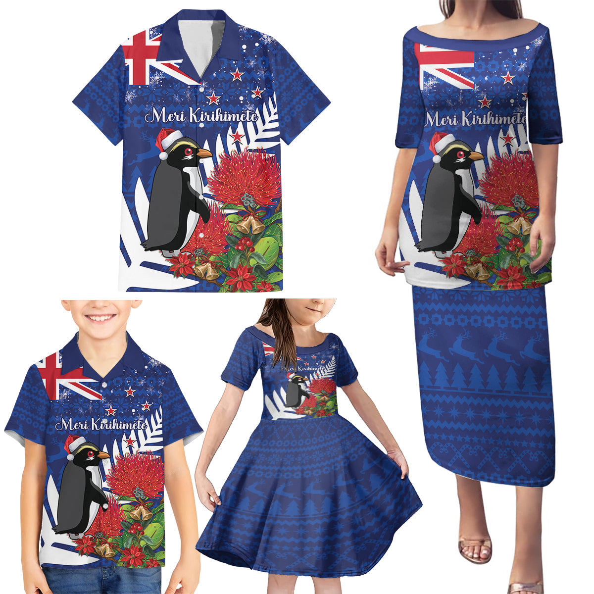 New Zealand Christmas In July Family Matching Puletasi and Hawaiian Shirt Fiordland Penguin With Pohutukawa Flower LT14 - Polynesian Pride