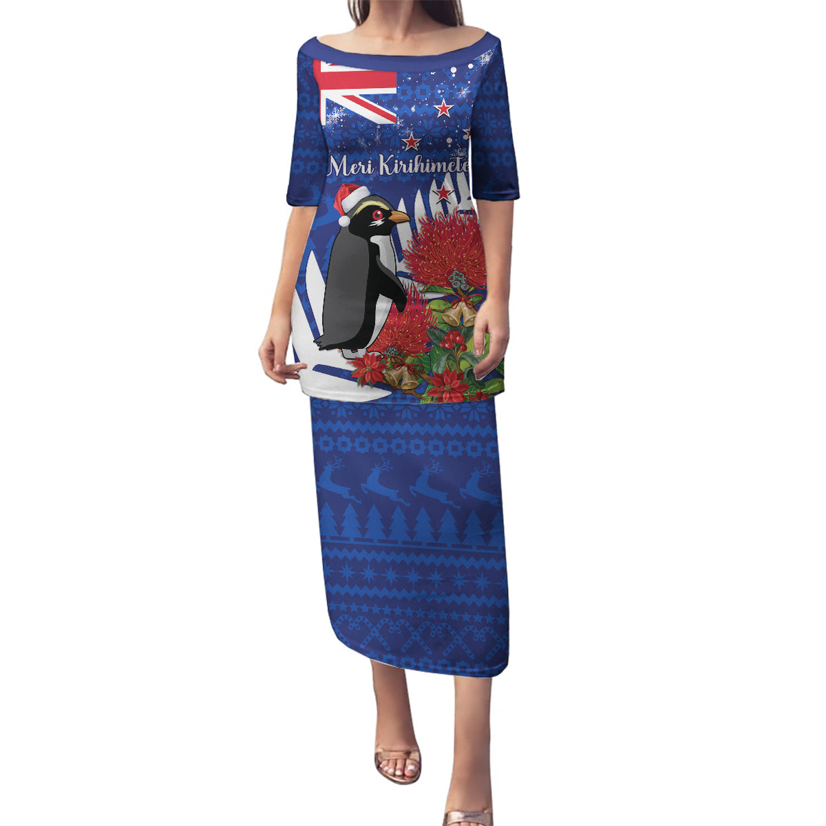 New Zealand Christmas In July Family Matching Puletasi and Hawaiian Shirt Fiordland Penguin With Pohutukawa Flower LT14 Mom's Dress Blue - Polynesian Pride