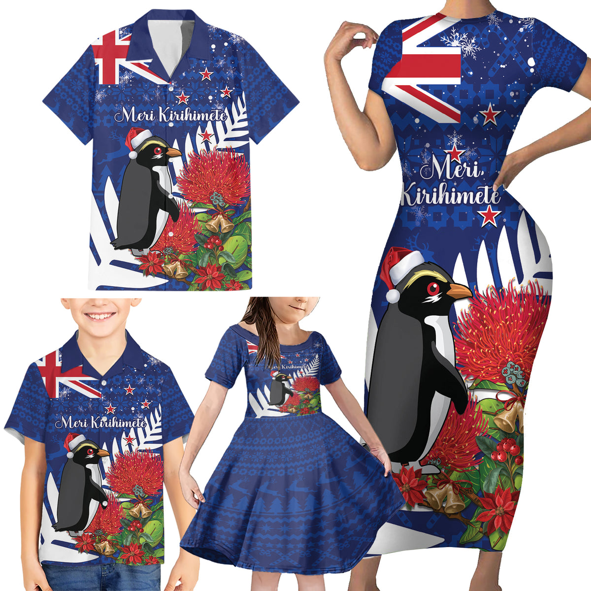 New Zealand Christmas In July Family Matching Short Sleeve Bodycon Dress and Hawaiian Shirt Fiordland Penguin With Pohutukawa Flower LT14 - Polynesian Pride