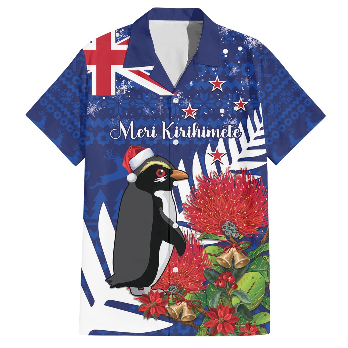 New Zealand Christmas In July Hawaiian Shirt Fiordland Penguin With Pohutukawa Flower LT14 Blue - Polynesian Pride