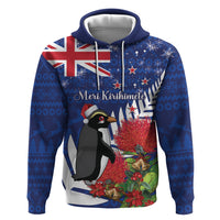 New Zealand Christmas In July Hoodie Fiordland Penguin With Pohutukawa Flower LT14 Pullover Hoodie Blue - Polynesian Pride
