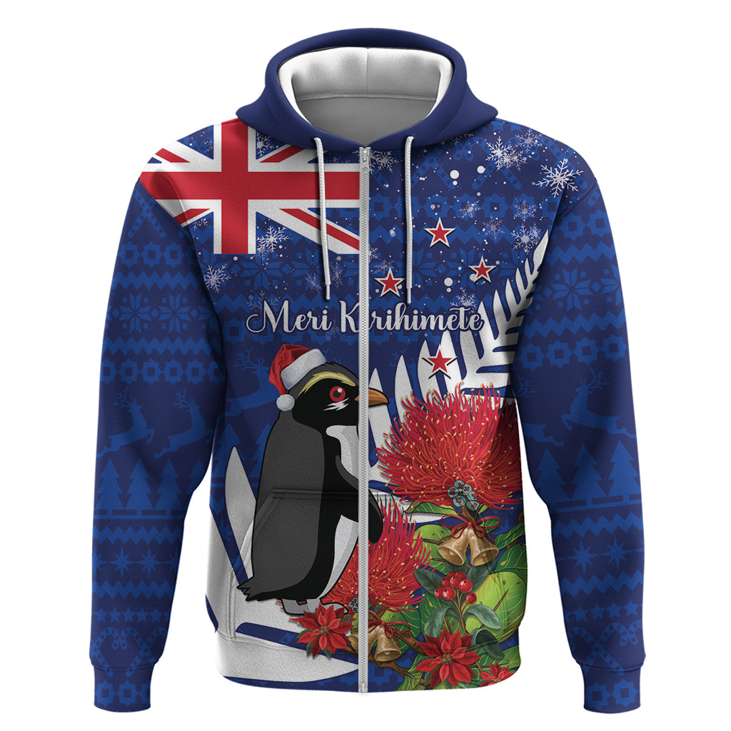 New Zealand Christmas In July Hoodie Fiordland Penguin With Pohutukawa Flower LT14 Zip Hoodie Blue - Polynesian Pride