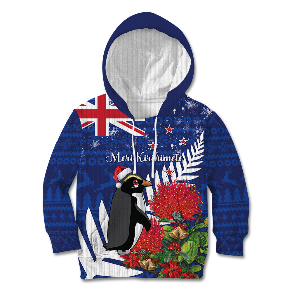 New Zealand Christmas In July Kid Hoodie Fiordland Penguin With Pohutukawa Flower LT14 Hoodie Blue - Polynesian Pride