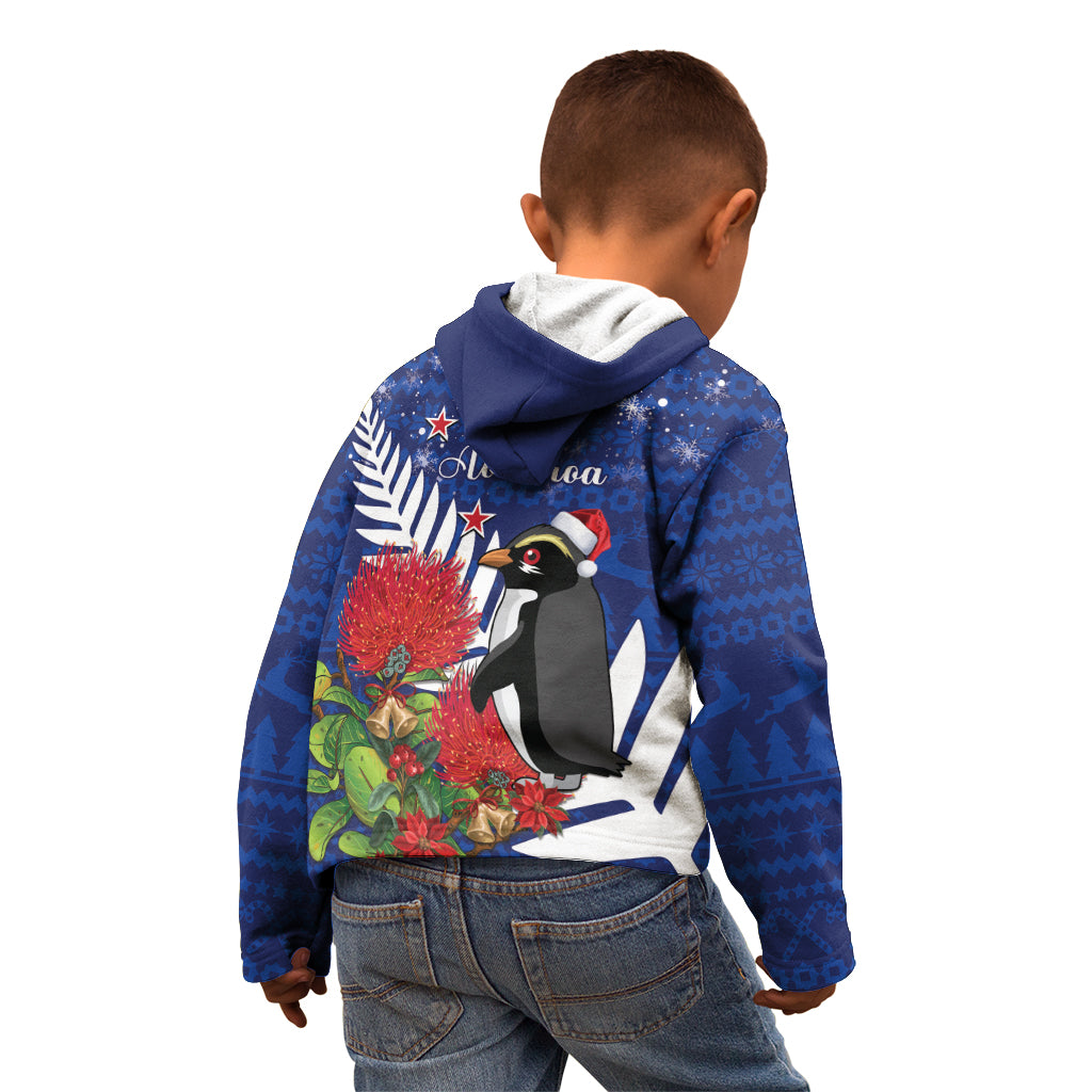 New Zealand Christmas In July Kid Hoodie Fiordland Penguin With Pohutukawa Flower LT14 - Polynesian Pride