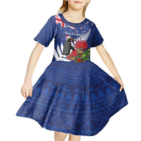 New Zealand Christmas In July Kid Short Sleeve Dress Fiordland Penguin With Pohutukawa Flower LT14 - Polynesian Pride