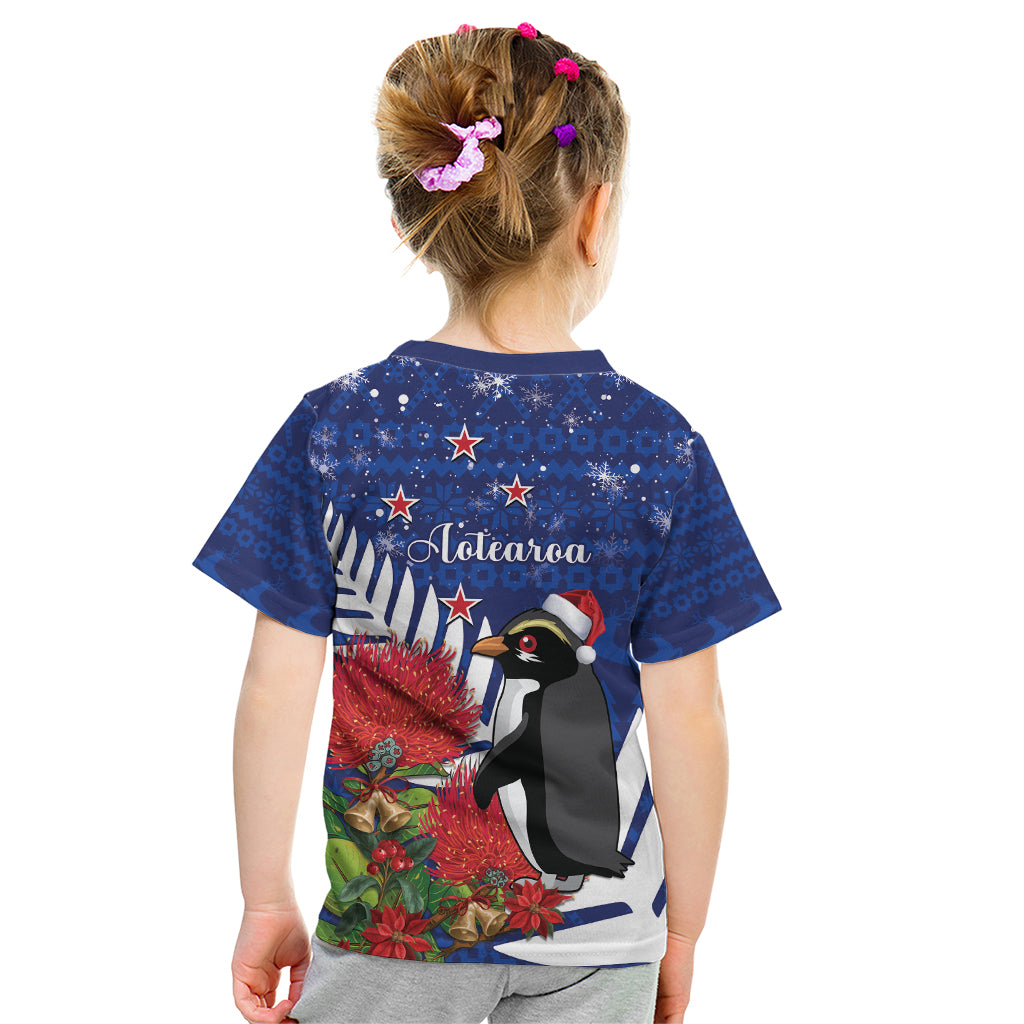 New Zealand Christmas In July Kid T Shirt Fiordland Penguin With Pohutukawa Flower LT14 - Polynesian Pride
