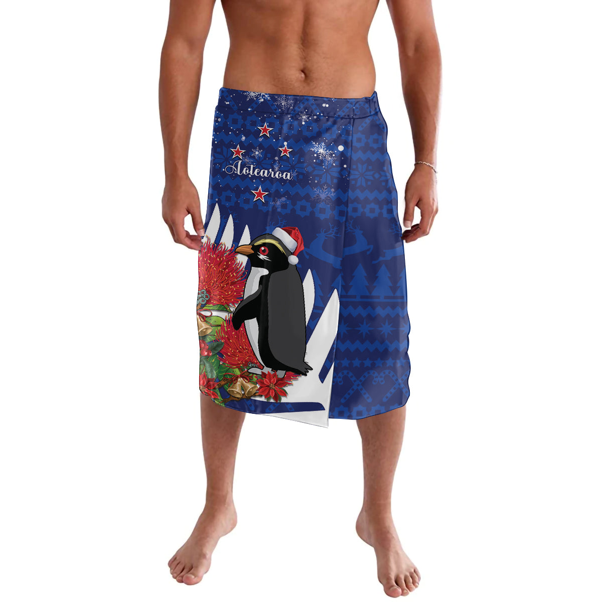New Zealand Christmas In July Lavalava Fiordland Penguin With Pohutukawa Flower LT14 Blue - Polynesian Pride