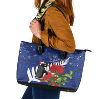 New Zealand Christmas In July Leather Tote Bag Fiordland Penguin With Pohutukawa Flower LT14 Blue - Polynesian Pride