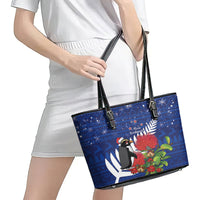 New Zealand Christmas In July Leather Tote Bag Fiordland Penguin With Pohutukawa Flower LT14 - Polynesian Pride