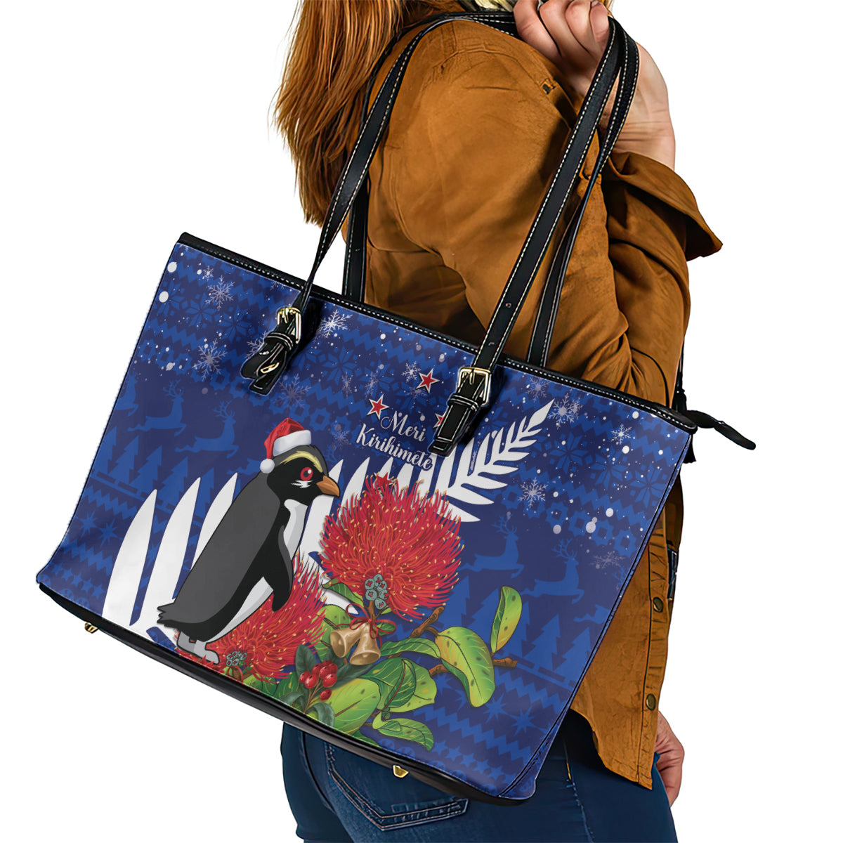 New Zealand Christmas In July Leather Tote Bag Fiordland Penguin With Pohutukawa Flower LT14 - Polynesian Pride