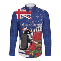 New Zealand Christmas In July Long Sleeve Button Shirt Fiordland Penguin With Pohutukawa Flower LT14 Unisex Blue - Polynesian Pride