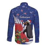 New Zealand Christmas In July Long Sleeve Button Shirt Fiordland Penguin With Pohutukawa Flower LT14 - Polynesian Pride