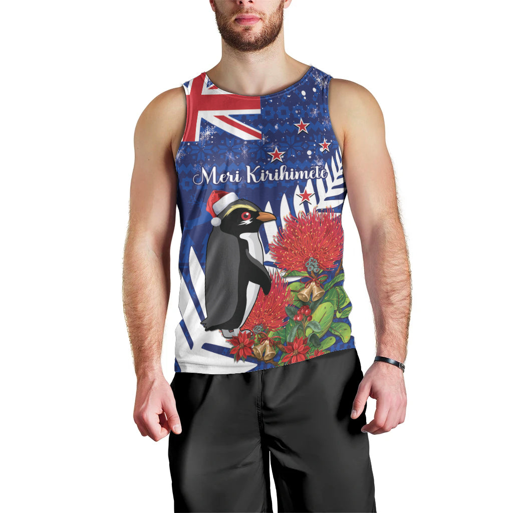New Zealand Christmas In July Men Tank Top Fiordland Penguin With Pohutukawa Flower LT14 - Polynesian Pride