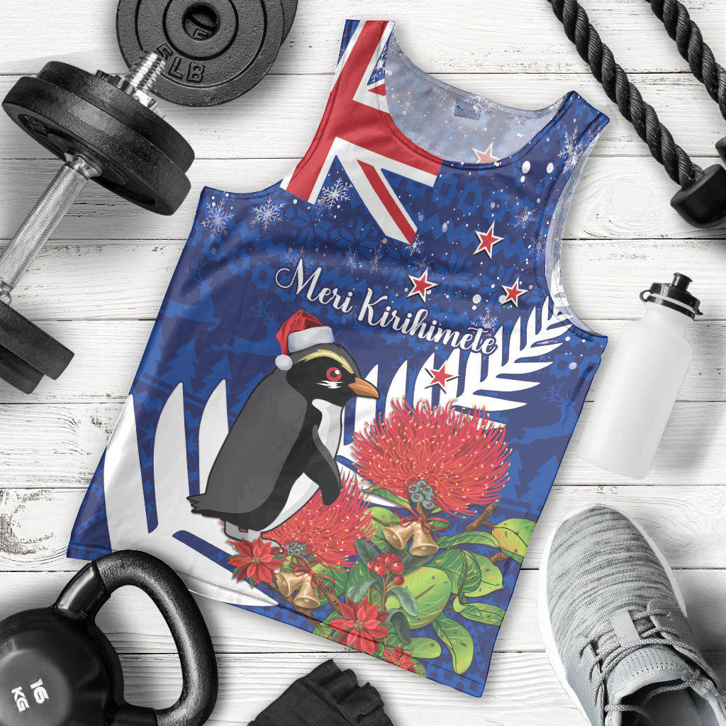 New Zealand Christmas In July Men Tank Top Fiordland Penguin With Pohutukawa Flower LT14 - Polynesian Pride