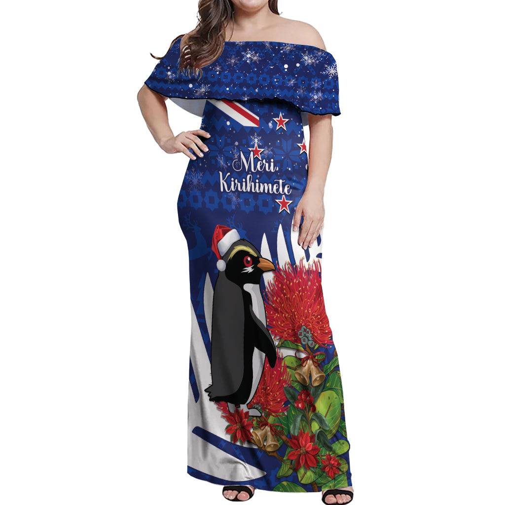 New Zealand Christmas In July Off Shoulder Maxi Dress Fiordland Penguin With Pohutukawa Flower LT14 Women Blue - Polynesian Pride