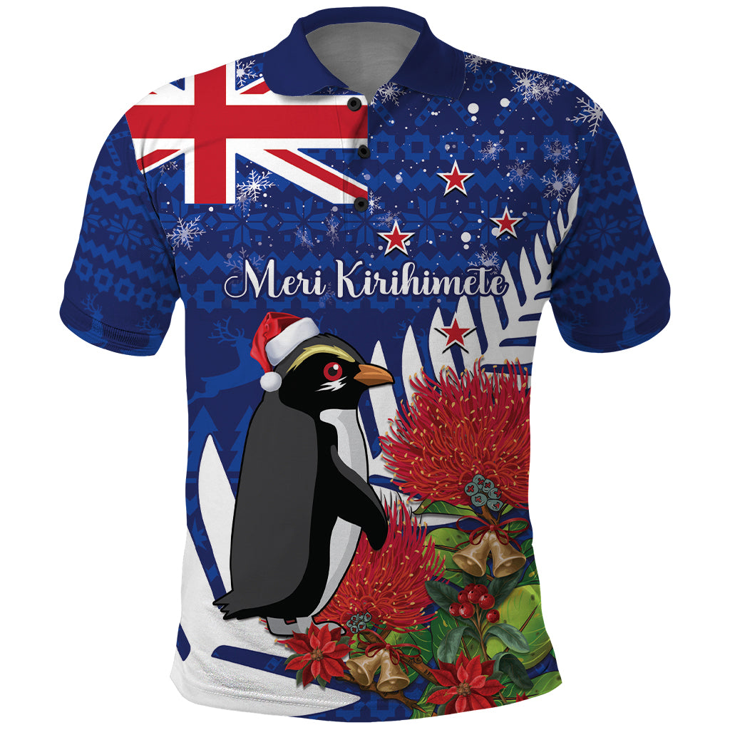New Zealand Christmas In July Polo Shirt Fiordland Penguin With Pohutukawa Flower LT14 Blue - Polynesian Pride