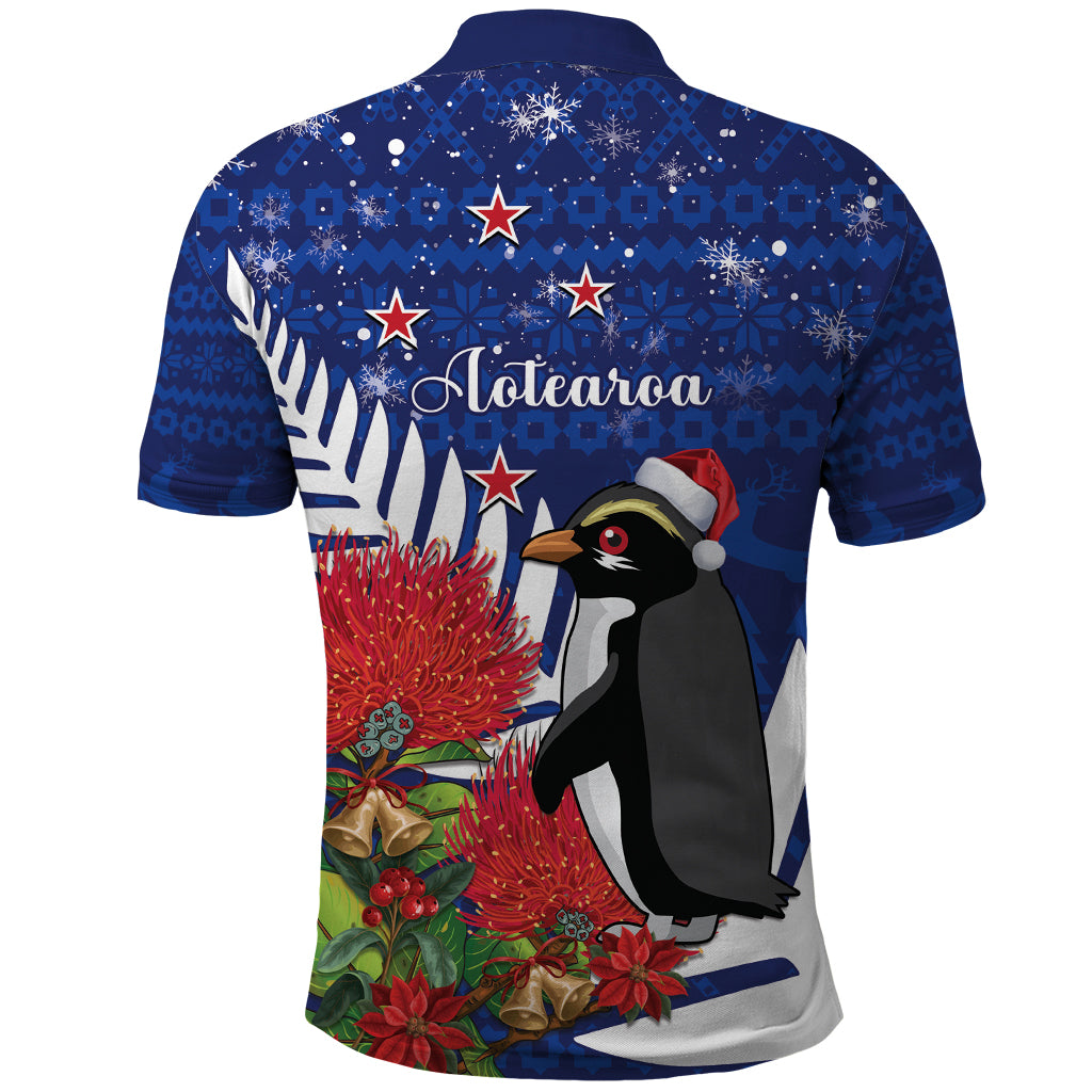 New Zealand Christmas In July Polo Shirt Fiordland Penguin With Pohutukawa Flower LT14 - Polynesian Pride