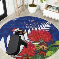New Zealand Christmas In July Round Carpet Fiordland Penguin With Pohutukawa Flower LT14 Blue - Polynesian Pride