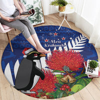 New Zealand Christmas In July Round Carpet Fiordland Penguin With Pohutukawa Flower LT14 - Polynesian Pride