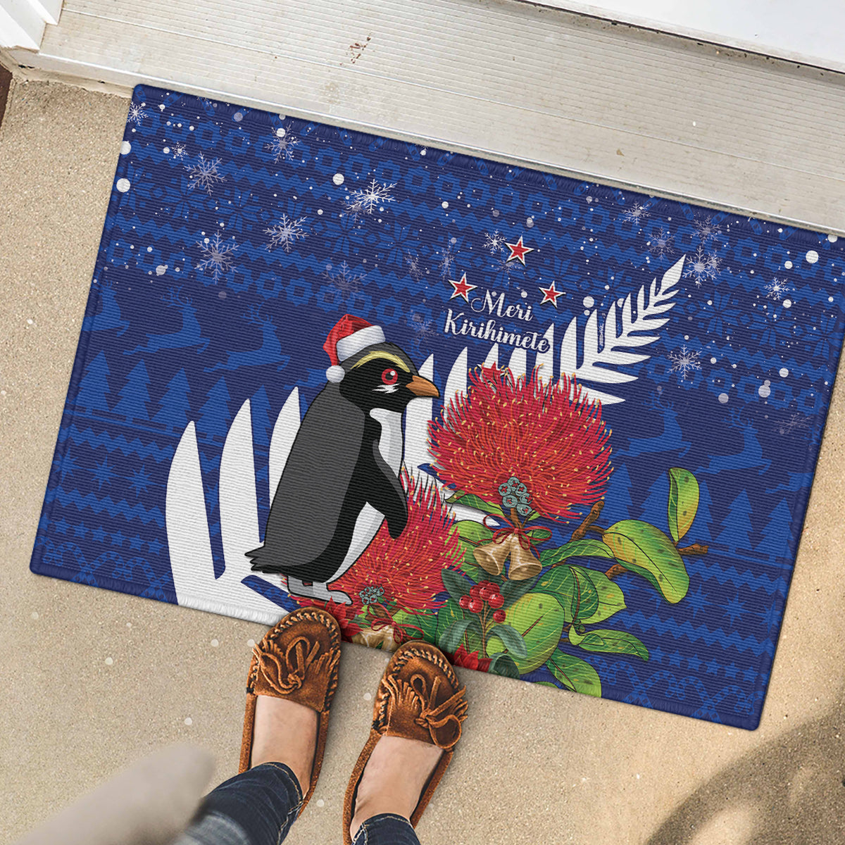 New Zealand Christmas In July Rubber Doormat Fiordland Penguin With Pohutukawa Flower LT14 - Polynesian Pride
