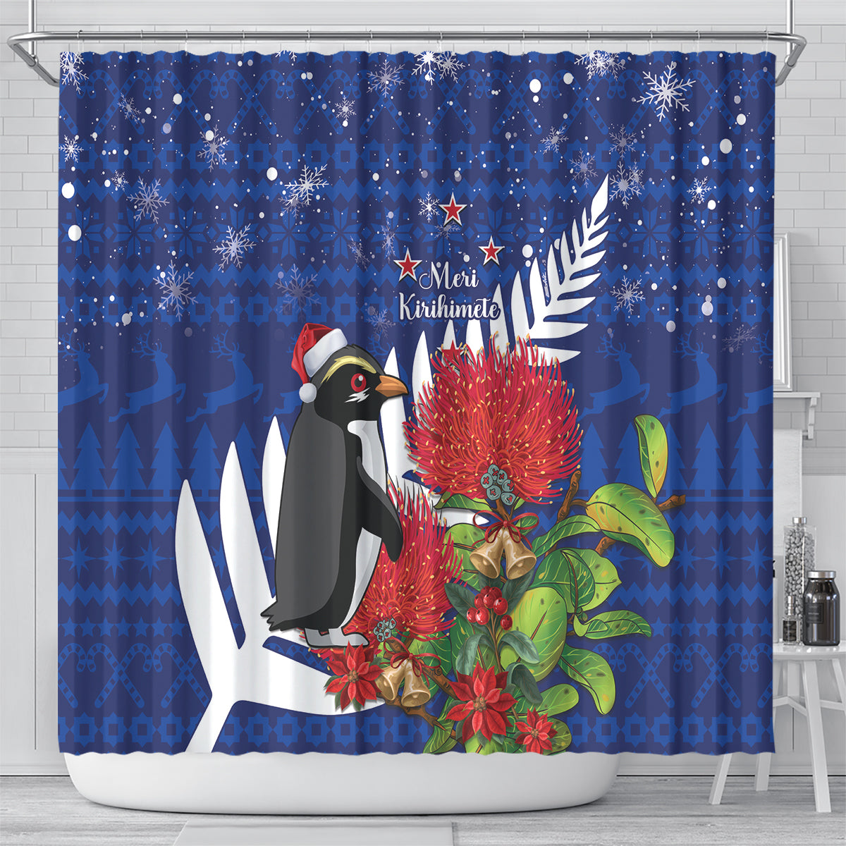 New Zealand Christmas In July Shower Curtain Fiordland Penguin With Pohutukawa Flower LT14 - Polynesian Pride