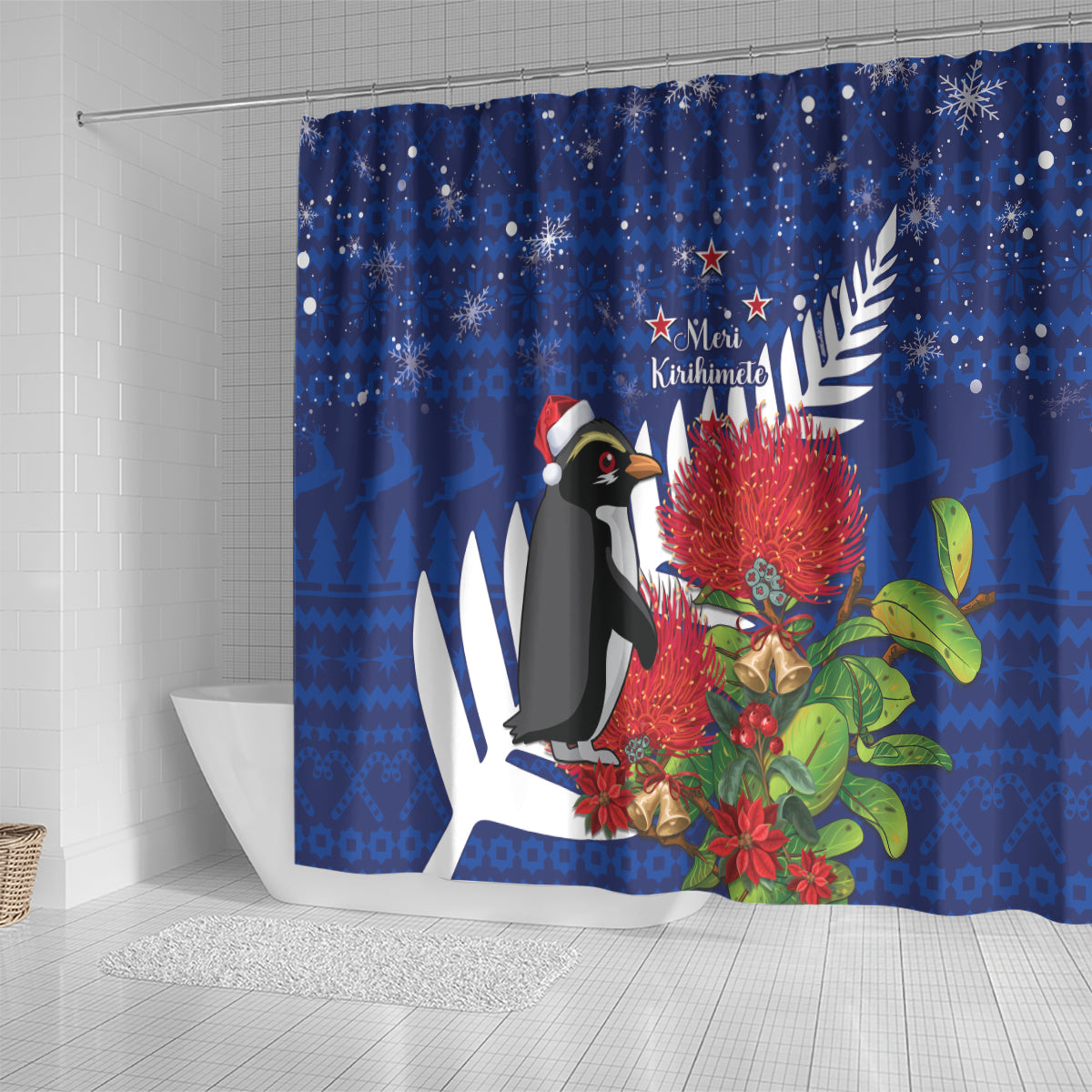 New Zealand Christmas In July Shower Curtain Fiordland Penguin With Pohutukawa Flower LT14 - Polynesian Pride