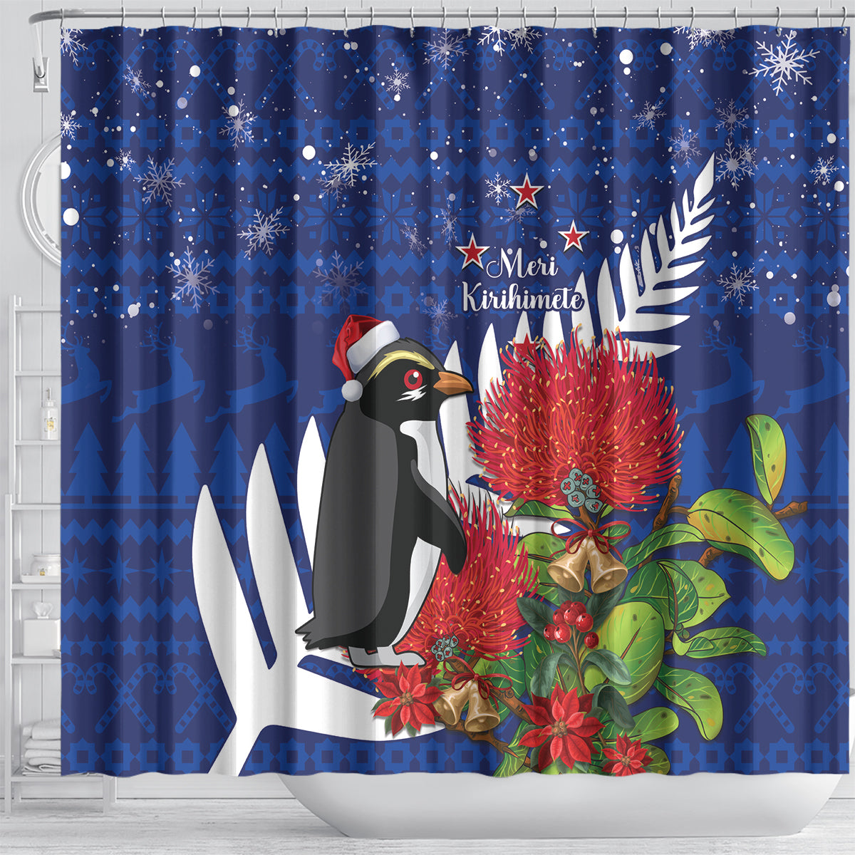 New Zealand Christmas In July Shower Curtain Fiordland Penguin With Pohutukawa Flower LT14 - Polynesian Pride