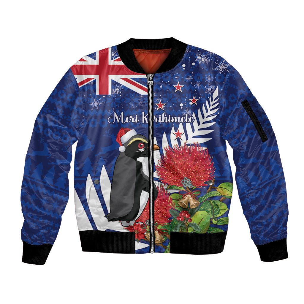 New Zealand Christmas In July Sleeve Zip Bomber Jacket Fiordland Penguin With Pohutukawa Flower LT14 Unisex Blue - Polynesian Pride