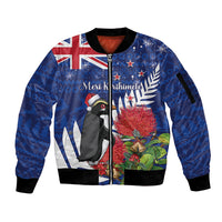 New Zealand Christmas In July Sleeve Zip Bomber Jacket Fiordland Penguin With Pohutukawa Flower LT14 Unisex Blue - Polynesian Pride