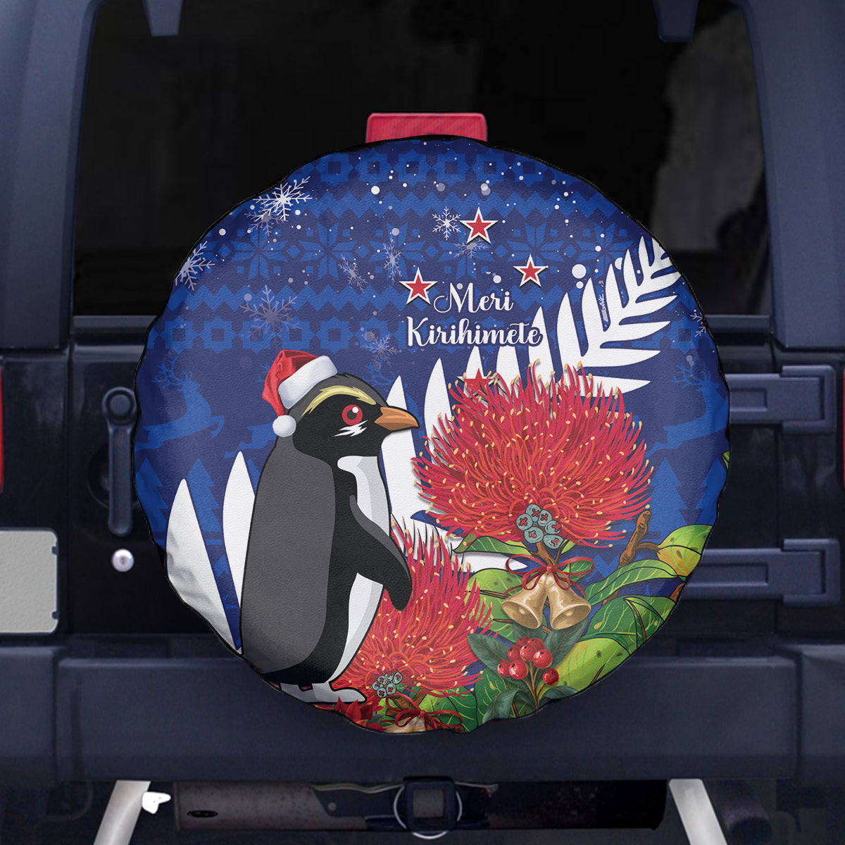 New Zealand Christmas In July Spare Tire Cover Fiordland Penguin With Pohutukawa Flower LT14 - Polynesian Pride